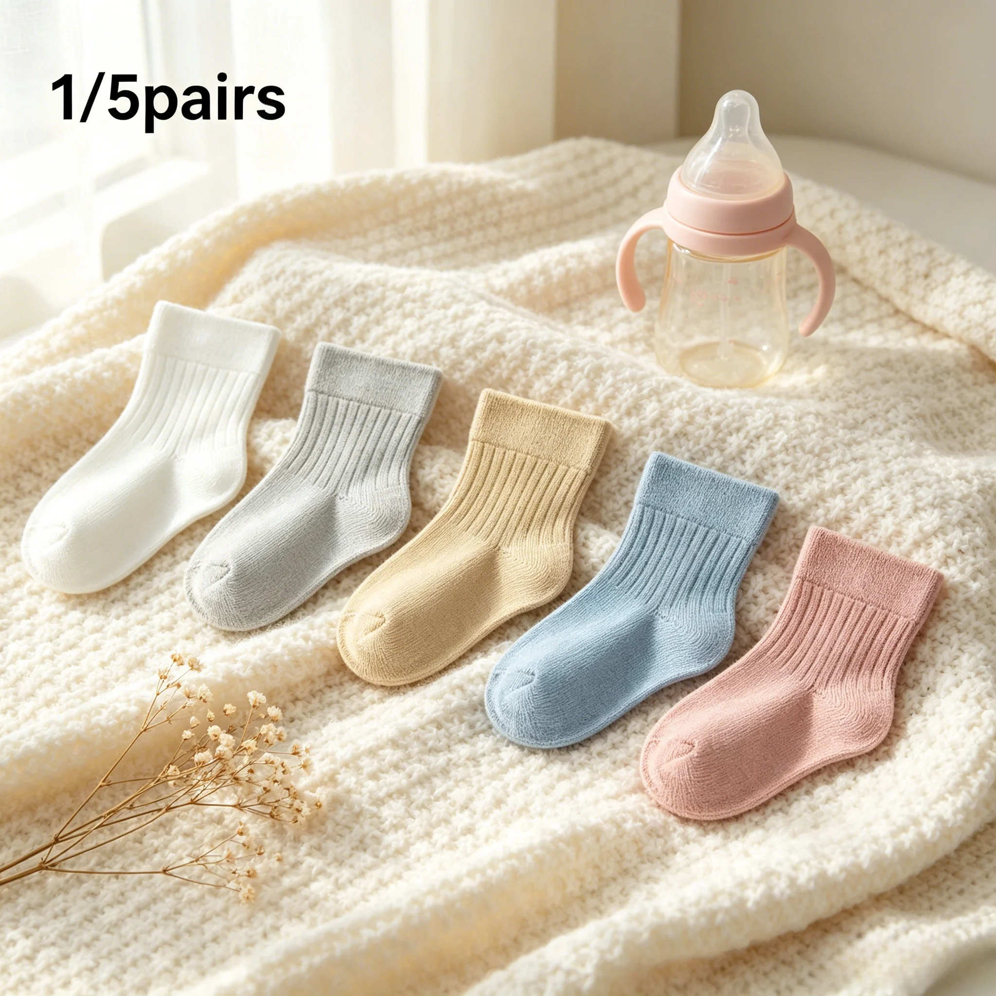 

Solid Ribbed Kids Mid Calf Cotton Socks Elastic Unisex Toddler Daily Socks 1/5 Pairs Set