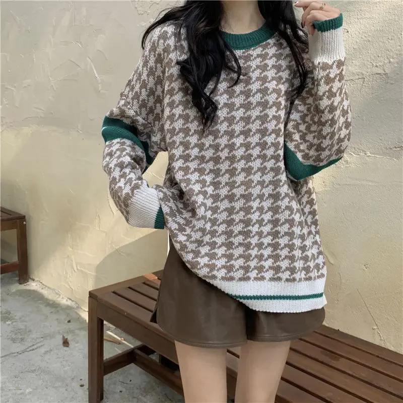 

2024 New Femme Patchwork Knitting O-neck Long Sleeve Sweater Autumn Vintage Houndstooth Loose Pullovers Women Clothes Fashion