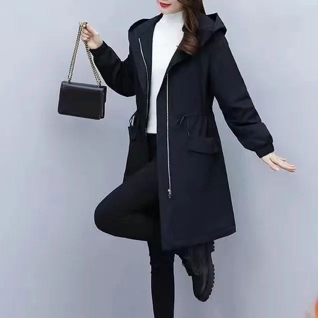 Thick fleece trench coat women winter long coat black  warm hooded Parka