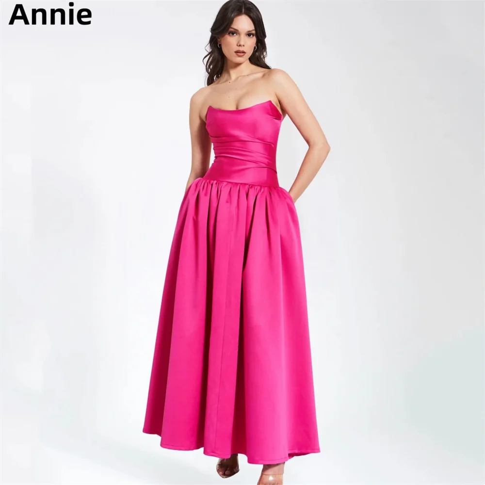 

Annie Hot Pink Prom Dresses Luxury Elegant Satin For Women Evening Dresses A-Shape Formal Wedding Party Dress Vestidos De Noche