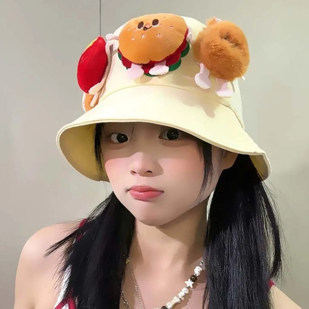 

Breathable Sunscreen Basin Cap Adjustable French Fries Hamburger Fisherman Hat Polyester Plush Doll Cartoon Sunshade Hat Sport