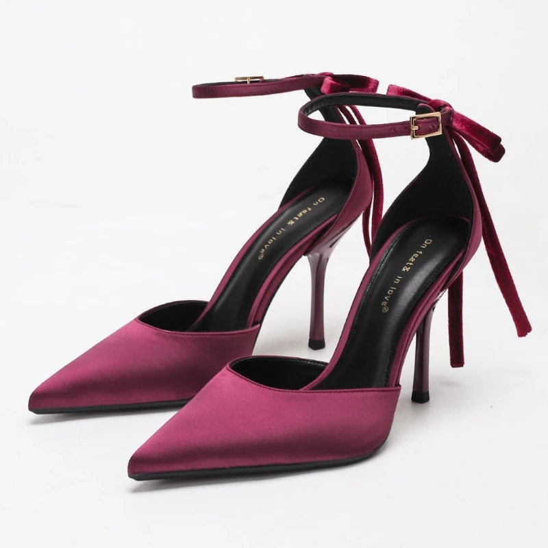 

Высококачественные атласные пикантные женские туфли на высоком каблуке с острым носком и ремешком на щиколотке, элегантные дизайнерские туфли-лодочки, роскошные свадебные туфли