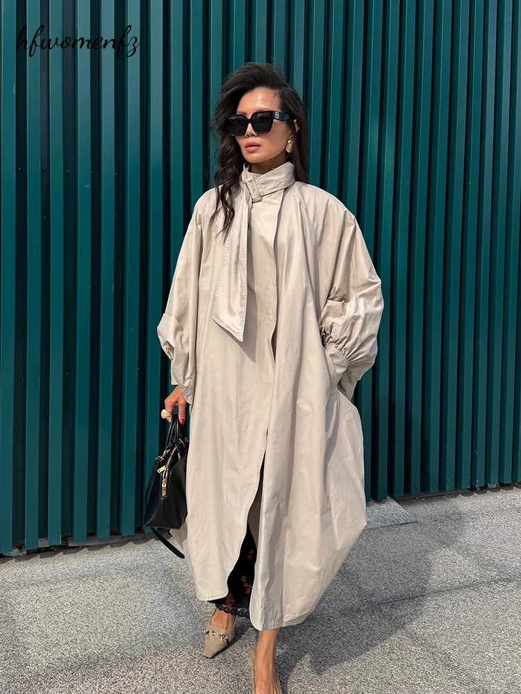 Oversized Women's Trench Long Coat Stand Collar Bow Tie Batwing Sleeve Khaki Windbreaker 2026 Autumn Lady Office Outwears New