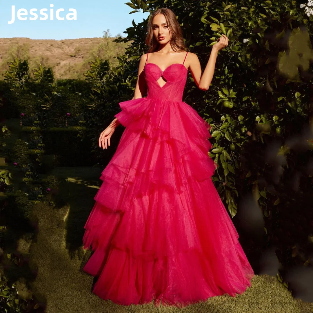 

Jessica Tulle Hot Pink Prom Dresses Spaghetti Strap Graduation Evening Dresses Ladies Dinner Party Dresses 2024Wedding Dress