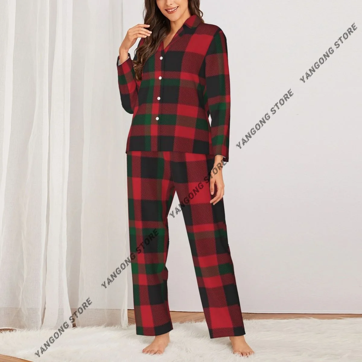 Women Sleepwear Pajamas Christmas Plaid Checkered Tartan Textiles Long Sleeve Pijama Female Set Negligee Cardigan Suit