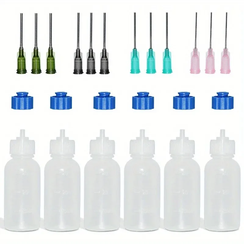 6 Sets 30ml Squeeze Dispensing Bottles with Mixed Blunt Needle Tips & Extra Sealing Caps for Glue Oil Paint Rosin Flux DIY