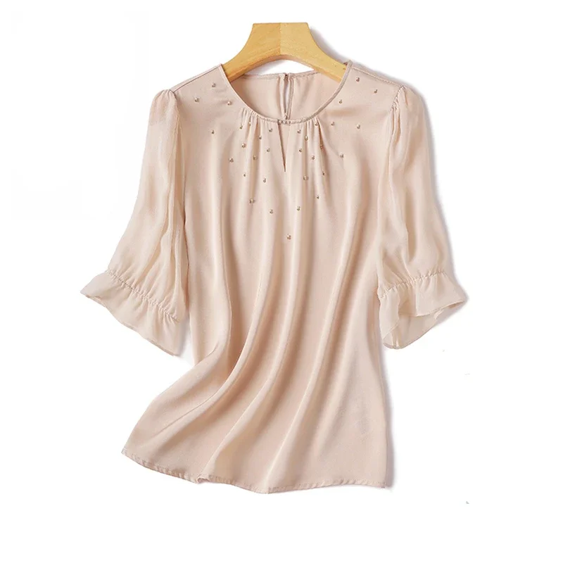 Chiffon Women's Shirt Summer Solid Colour Vintage Blouses Loose Short Sleeve Women Tops O-neck Fashion Clothing