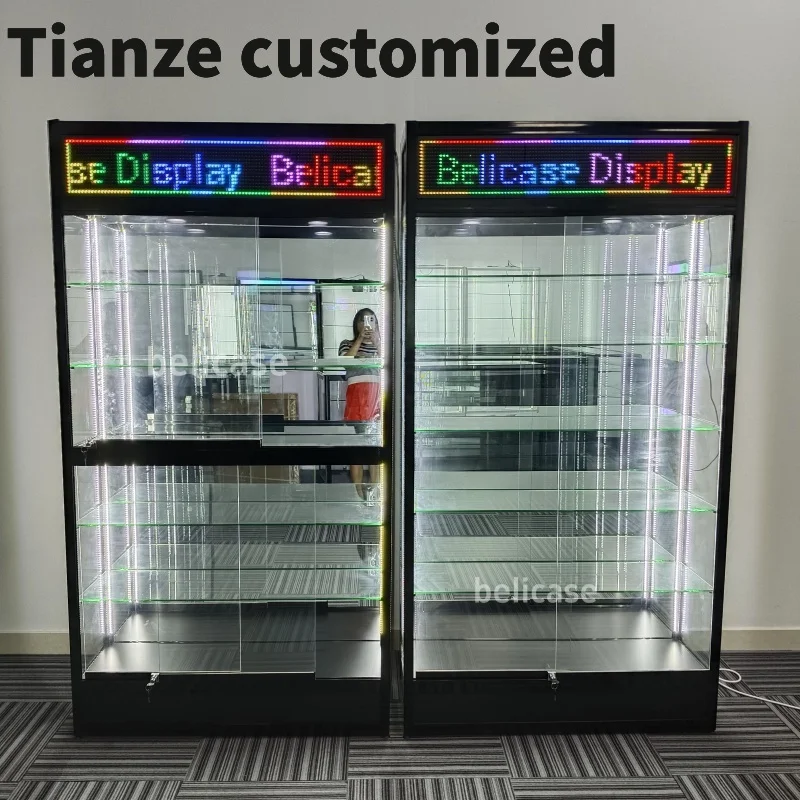 

Customized-smoke shop glass cabinet display with LED advertising board retail store glass showcase Smoke Shop