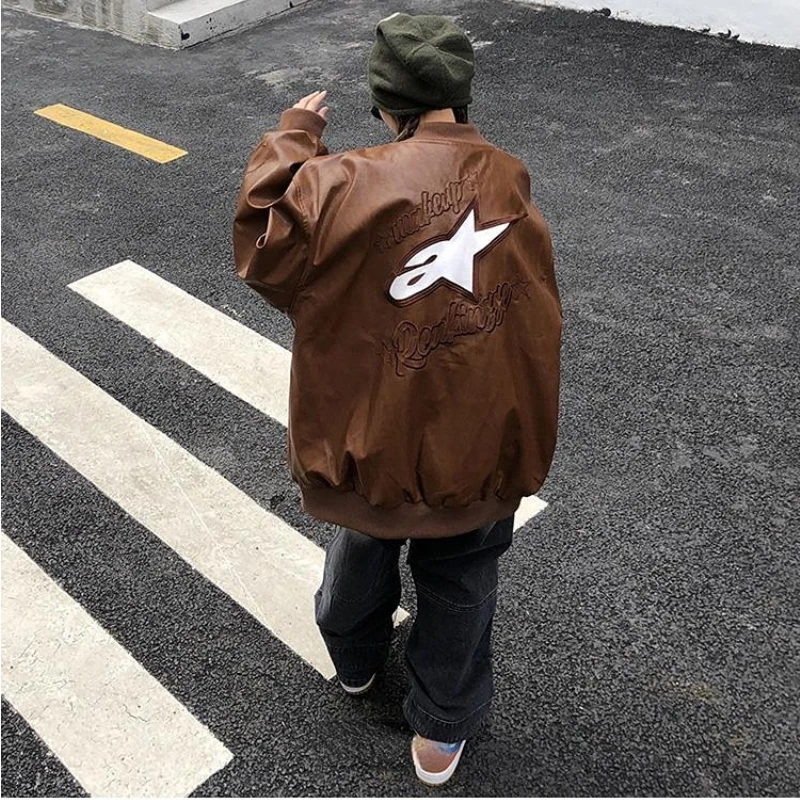 autumn and winter new American retro street leather jacket female Y2K couple hip-hop loose casual wild baseball uniform jacket