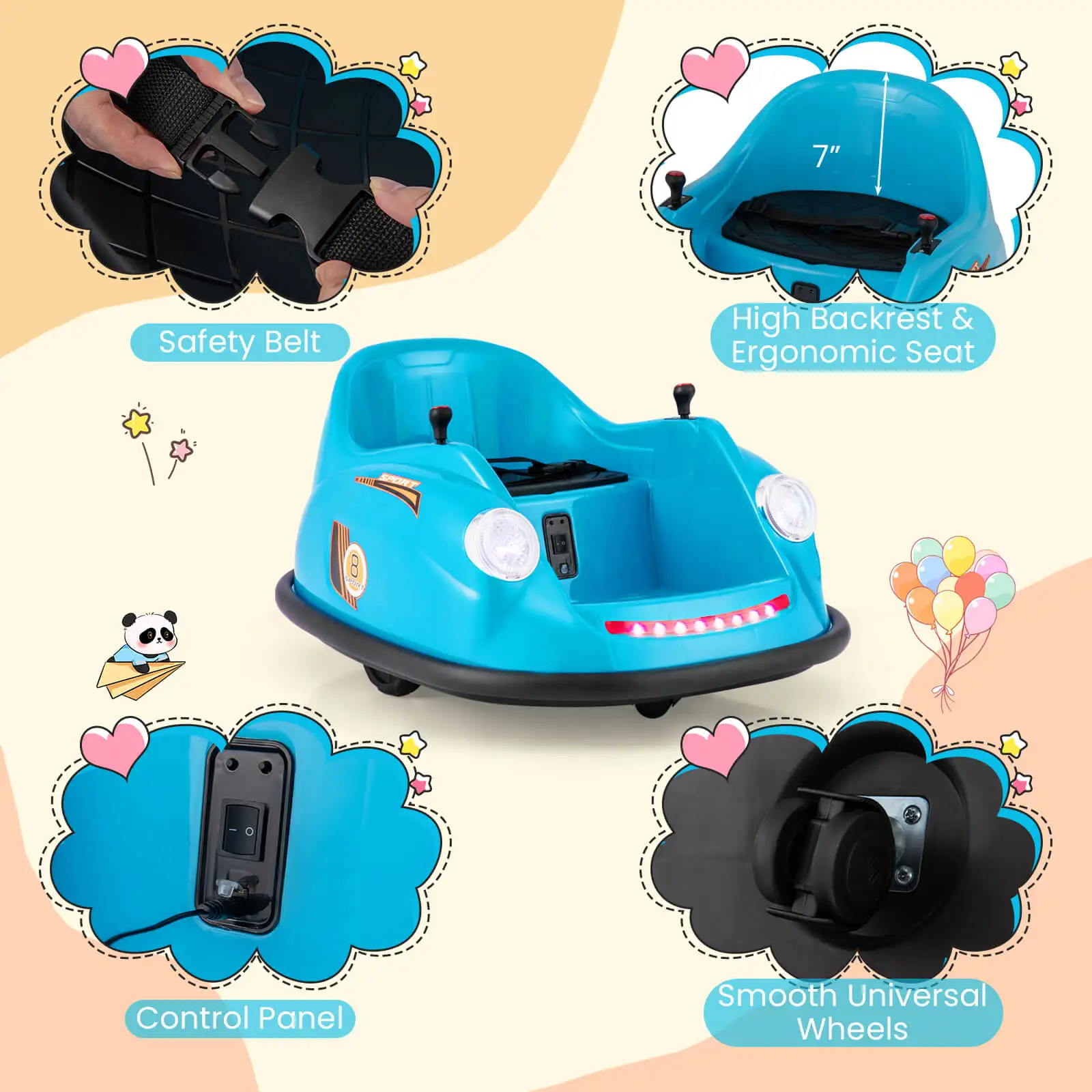 Voiture pare-chocs pour enfants avec télécommande, lumière LED rotative résistante à 360