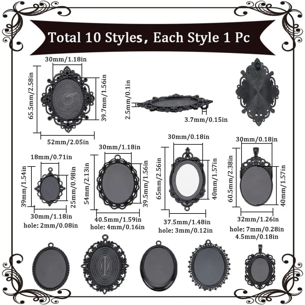 1 scatola di 10 stili pendenti vuoti vassoio castone ciondoli grandi spazi vuoti in lega nera impostazioni cabochon foto vassoi ellittiche fascino