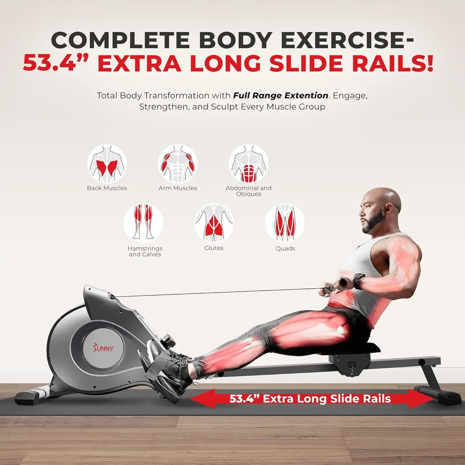 Magnetic Rowing Machine with Extended Slide Rail, Full-Body Workout, Low-Impact, Optional Premium Water