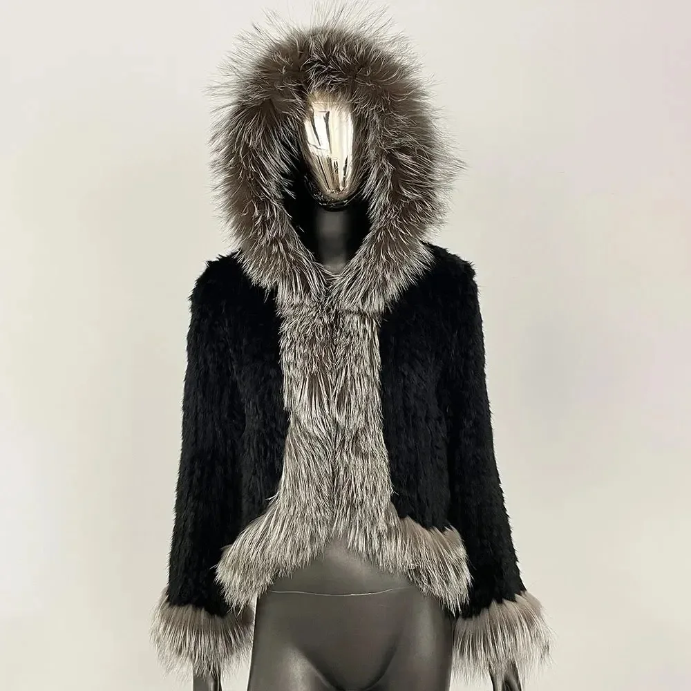 Kaninchen Pelzmantel Mode Poncho Stil Echt Gestrickte Frühling Herbst Frauen Casual Woven Pelzmantel Echt Fox Pelz Kragen Pelz Jacke Dame