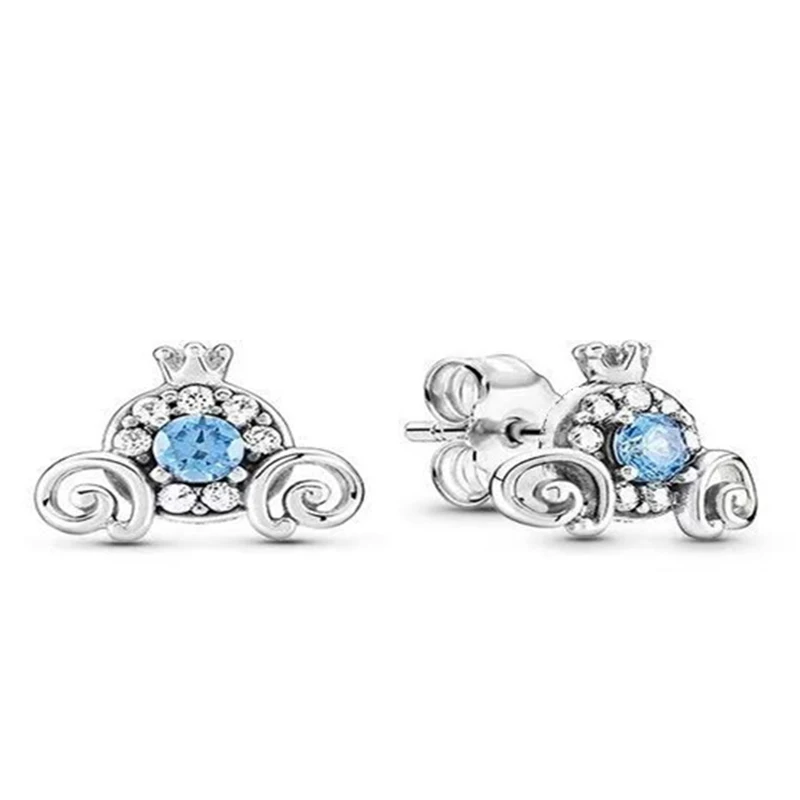 Disney Cinderella Pumpkin Coach Stud Earrings For Girls Kids Fine Silver Color Blue Crystal Mickey Mouse Ear Studs Women Jewelry