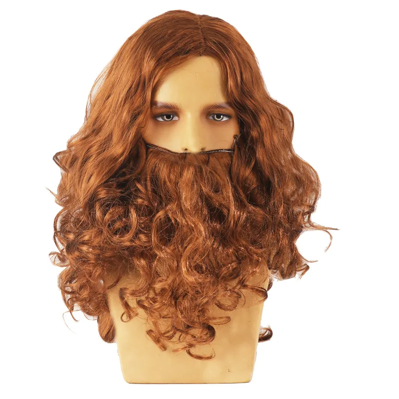 Funny Brown Wig and Beard Set for Old Man Cosplay Halloween Jesus Wig Costume Props Long Curled Wig