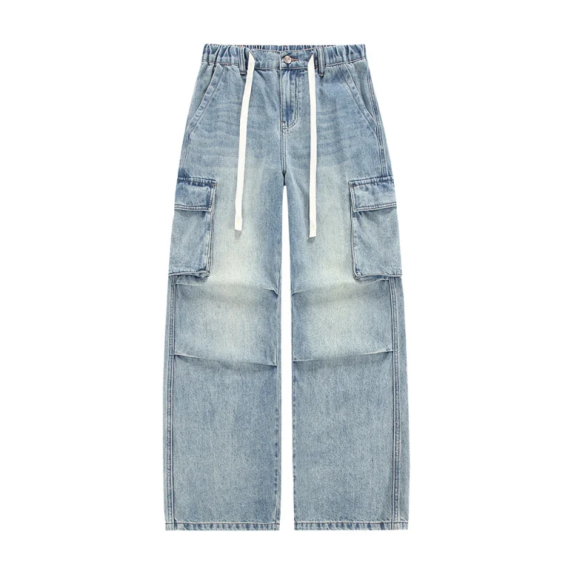 Men's  Washed Cargo Jeans Pants Y2K Streetwear Multi-Pockets Adjustable Drawstring Distressed Vintage Workwear Denim Trousers