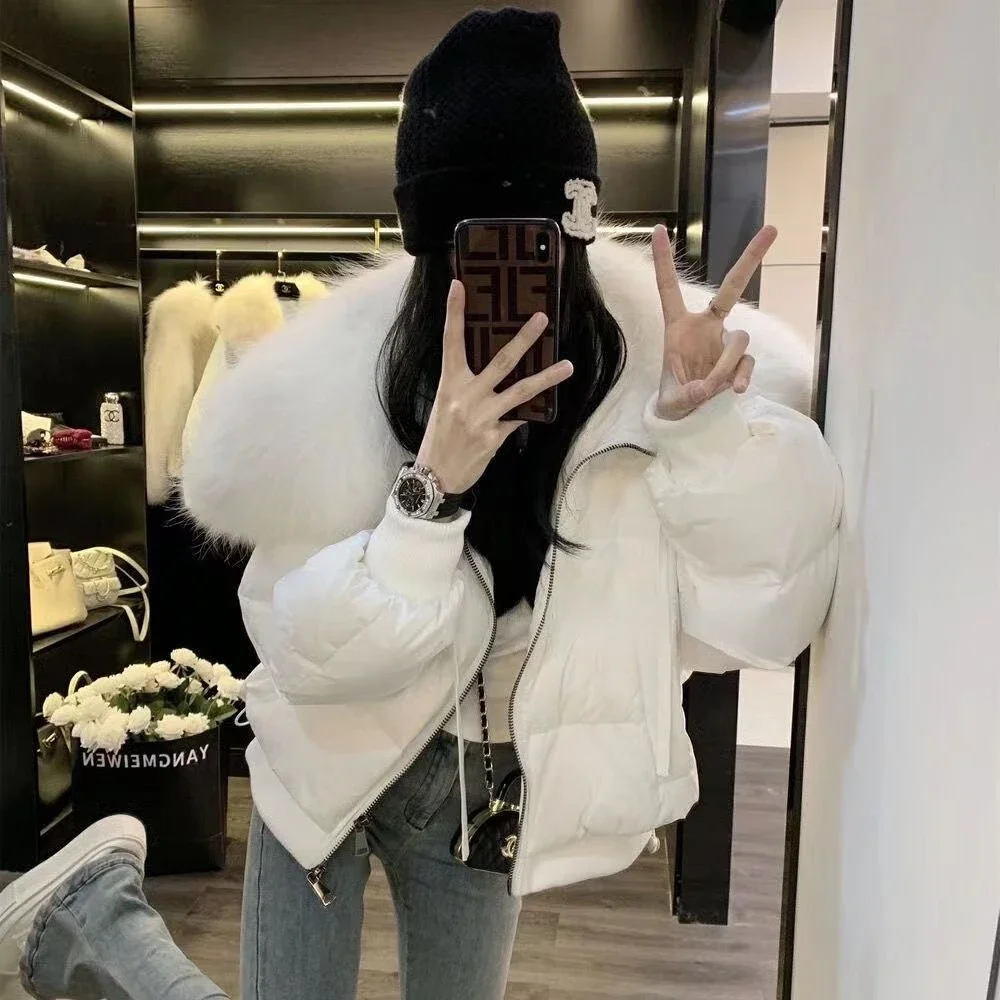 Puffer Jacket Newest White Duck Down Coat Short Parkas Female Women 2024 Winter Thick Loose Casual Real Natural Raccoon Fur Coat