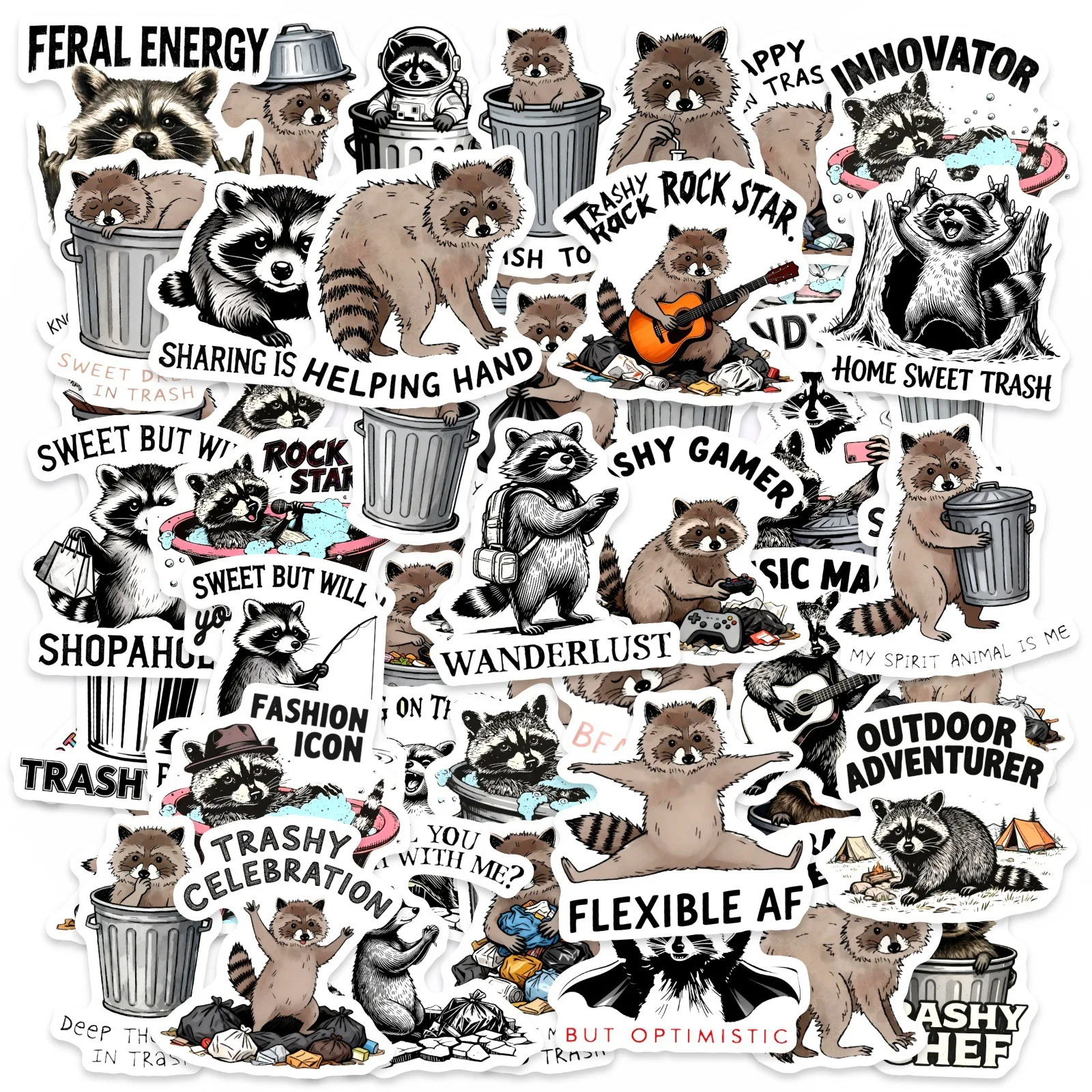 

50/100 Pcs New Cartoon Funny Raccoon & Text Theme Stickers DIY Waterproof for Phone File Folder Skate Cup Decals