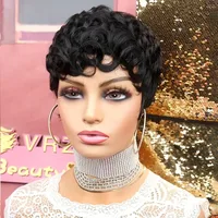 Short Wavy Curly Pixie Cut Full Machine Made Human Hair Wigs With Bang For Black Women Remy Brazilian Hair Pixie Cut Wig 2