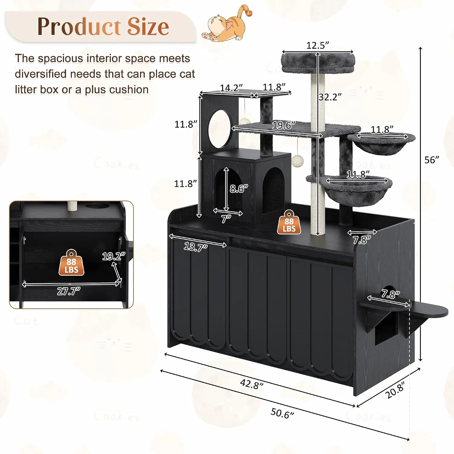 2-in-1 Wooden Cat Condo with Sisal Scratching Post and Litter Box Enclosure, Black - view 2