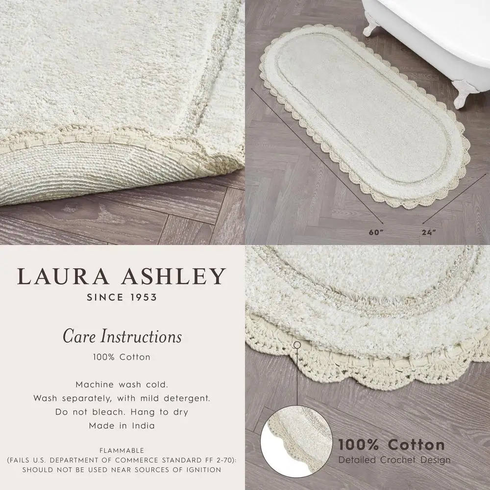 

Crochet-Edged 100% Cotton Sandshell Beige Oval Bath Mat, Soft & Absorbent, 24 x 60