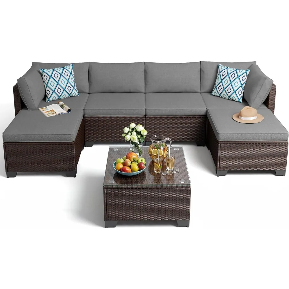 7 Pieces Outdoor Patio Furniture Set, All-Weather PE Rattan Wicker Sectional Sofa Seating with Waterproof Cushions and Coffee T
