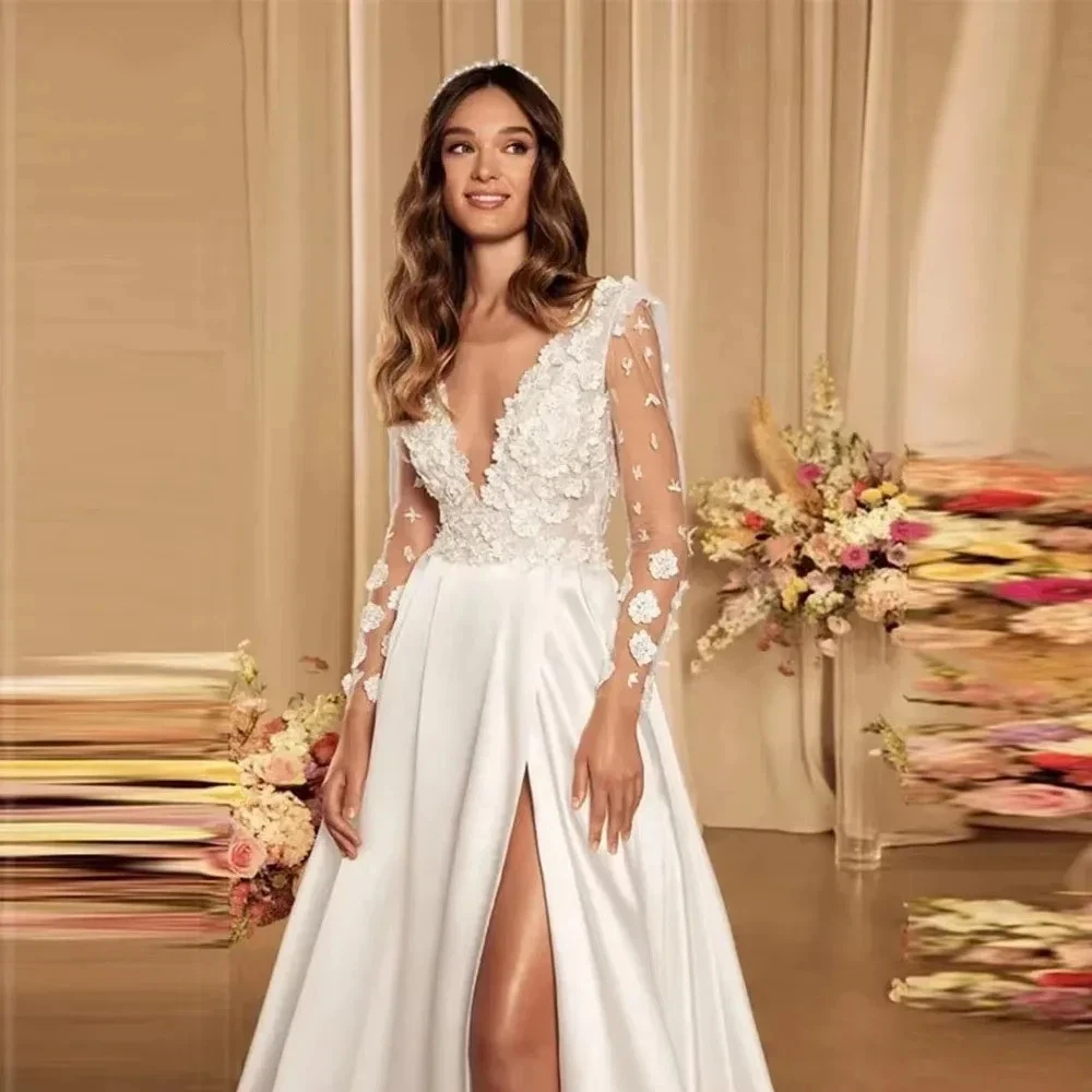 Elegant A-Line 3D Decal Women's Wedding Dress Sexy V-Neck Slit Long Sleeved Ballroom Bride Dress Vestido de Novia Customized