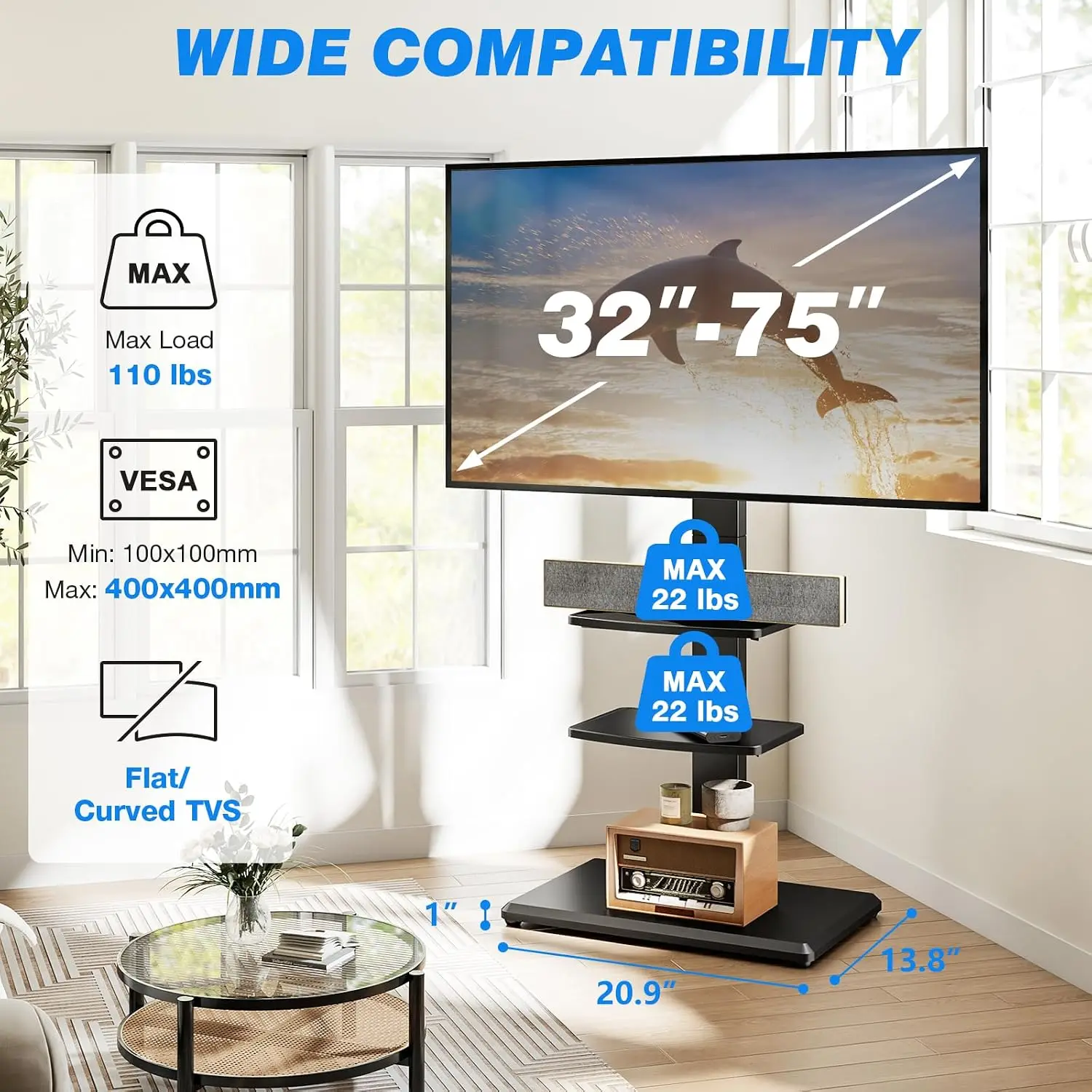 Swivel TV Stand with 2 Shelves for 32-75 Inch Screen, Height Adjustable Wooden Base 110 lbs VESA 400x400mm Home, Customized