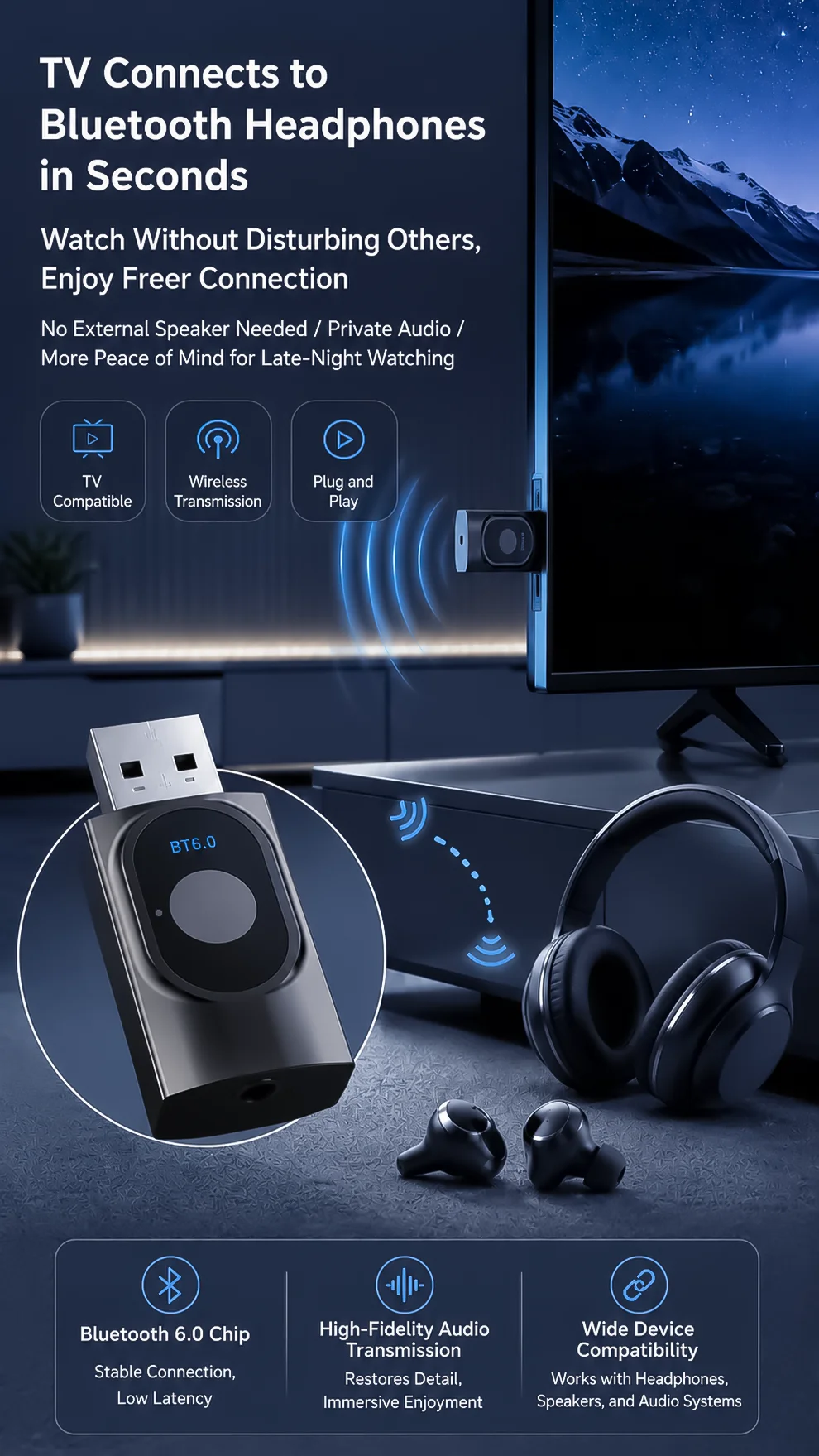 KEBIDUMEI 2 IN 1 Bluetooth 6.0 Audio Transmitter Receiver 3.5mm AUX USB Dongle With MIC Music Wireless Adapter For Car/TV/PC