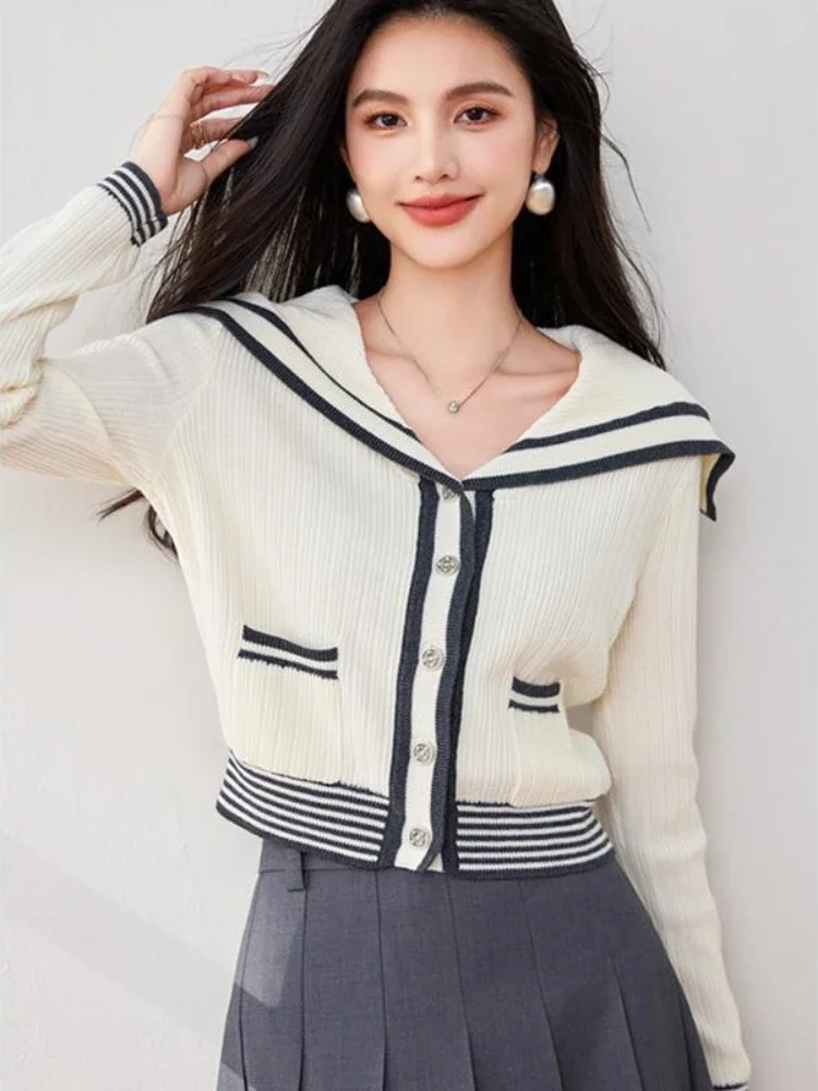 College Style Niche Age-reducing Girls Navy Collar Top 2024 Spring and Autumn Long-sleeved Cardigan Sweater Women's Clothing