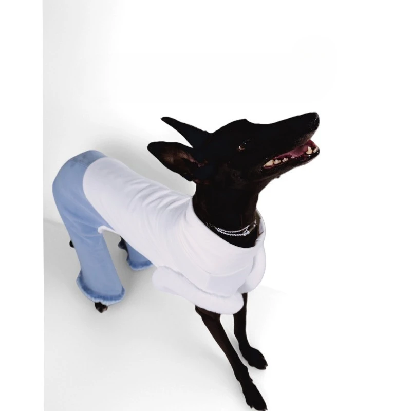 Autumn Winter White Turtleneck Suede Vest Splicing Blue  Jeans Trendy Fashion Onesie Pet Dog Clothing Whippet Italian Greyhound view 6