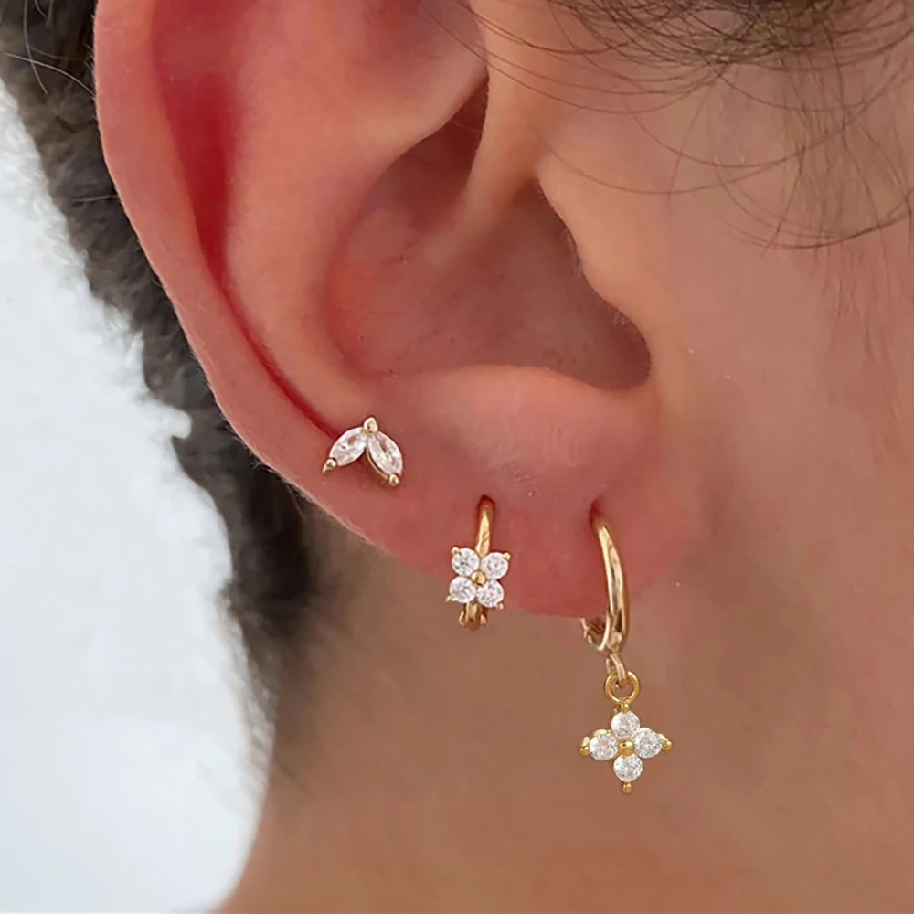 3PC Zircon Flower Pendant Stainless Steel Hoop Earrings Set for Women Tiny Huggies Cartilage Earring Piercing Jewelry aretes