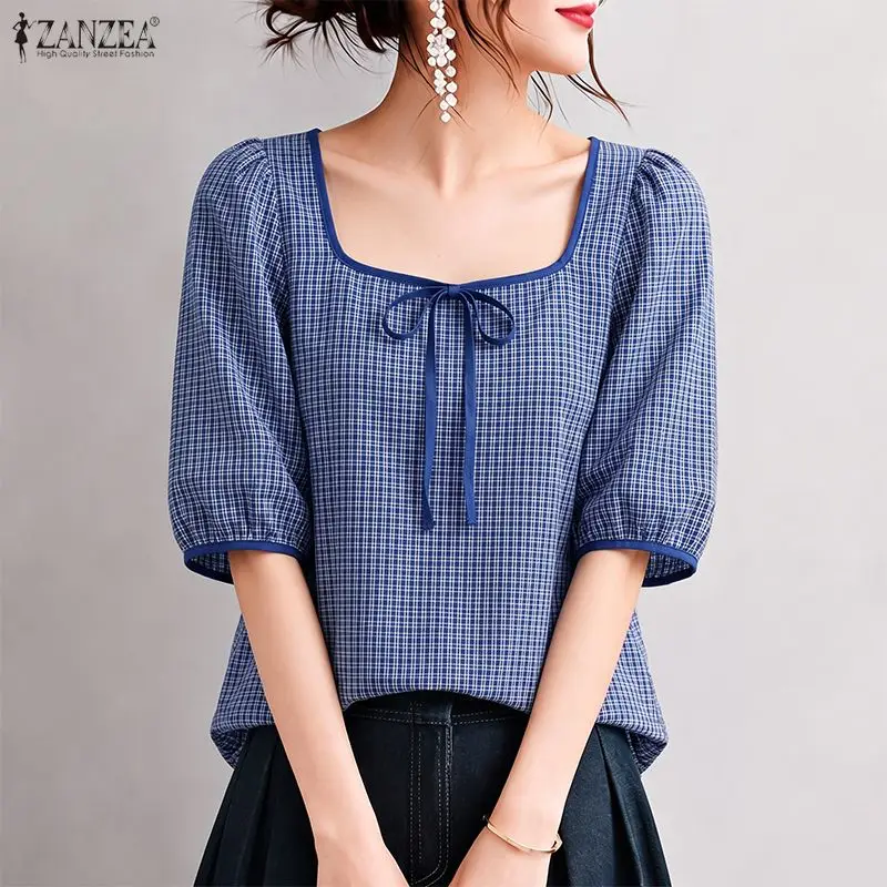 ZANZEA Elegant Women Square Collar Short Sleeve Gingham Blouse Summer Office Workwear Shirt Casual Holiday Lace-Up Tops Tunic