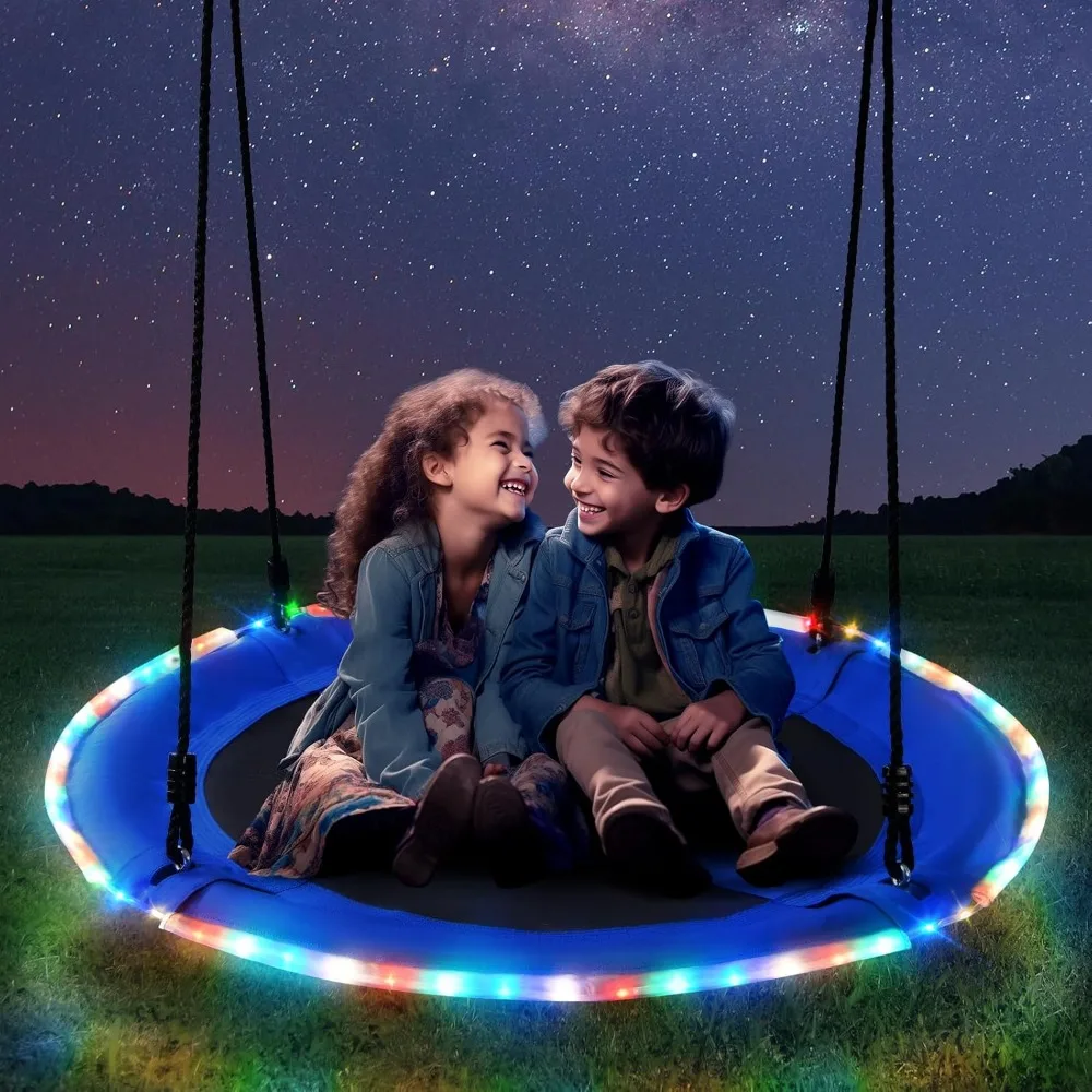 

40” Saucer Tree Swing with LED Lights for Kids Adults Outdoor 2 Tree Hanging Straps-Blue, Bearing capacity of 700lbs Patio Swing