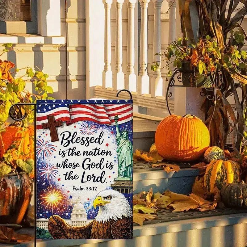 Christian Patriotic Garden Flag 12x18 Inch, Blessed Is The Nation Psalm 33:12 Religious American Flag Garden Flag, Cross Eag jjp