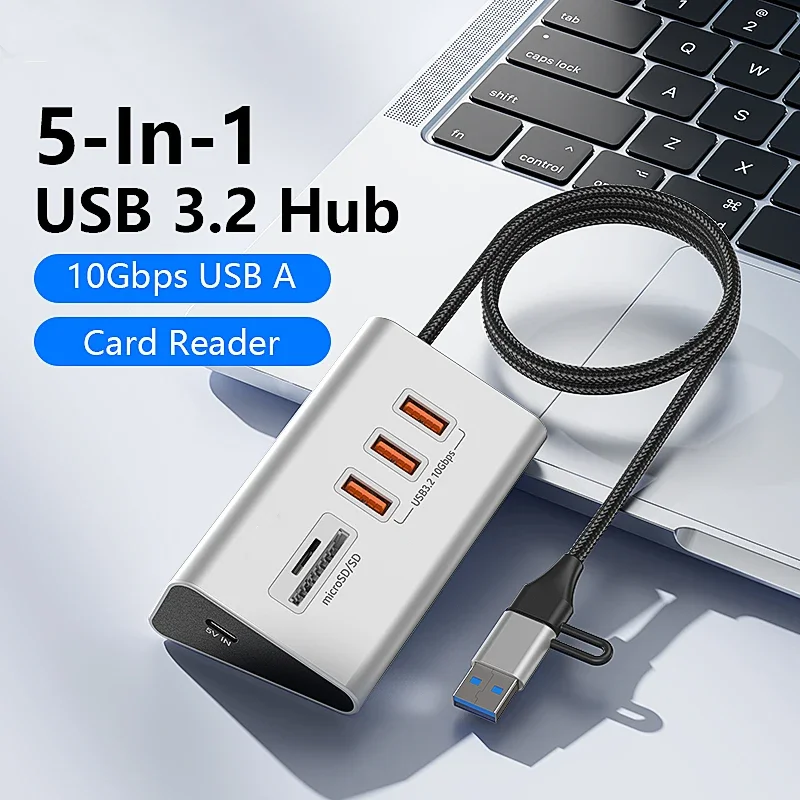 USB3.2 Gen2 10Gbps 5 Ports HUB with TF SD Card Reader USB-A/USB C Hub 4 IN 1 for PC Computer Laptop