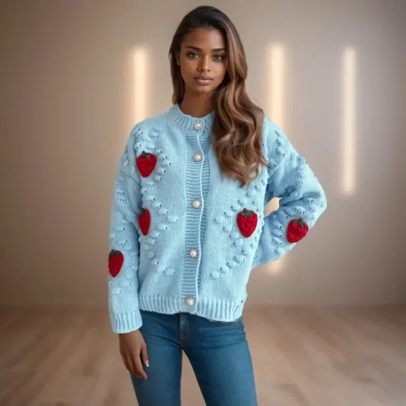 Casual Loose Strawberry Knitted Coat for Autumn/Winter Women' Coat New O-neck Full Sleeve Pearl Single breasted Sweater cardigan