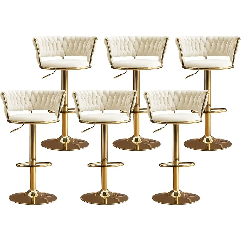 

Set of 6 360° Swivel Upholstered Bar Stools with Adjustable Height, Woven Backrest for Kitchen Island, Dining, and Pub, Gold Acc