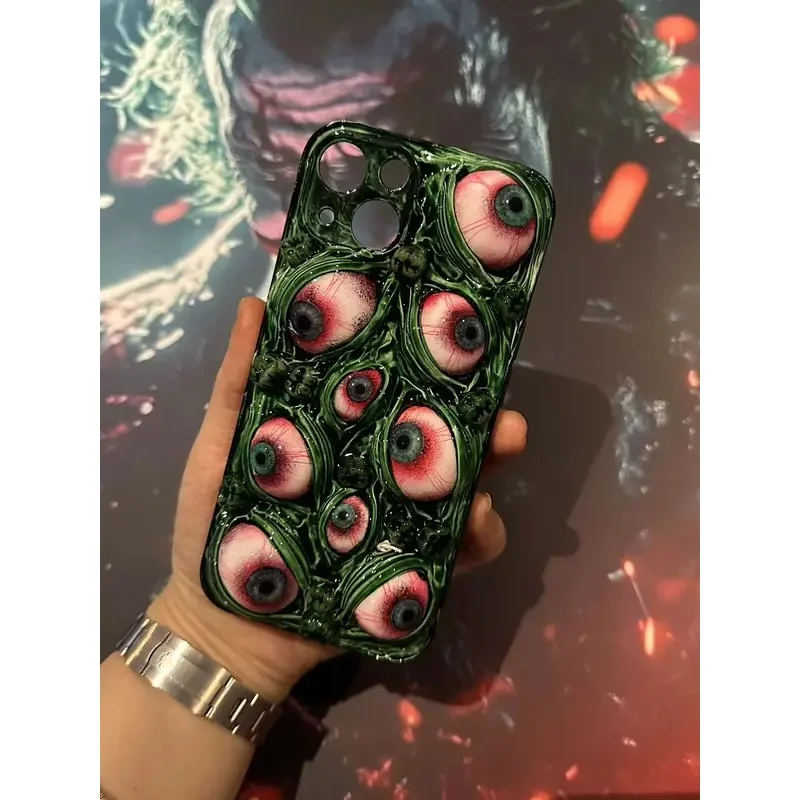 Handmade 3D horror Cthulhu's Eye phone case, suitable for iPhone 17, 16, 15, 14, 12, 11, Pro Max, made of soft silicone material