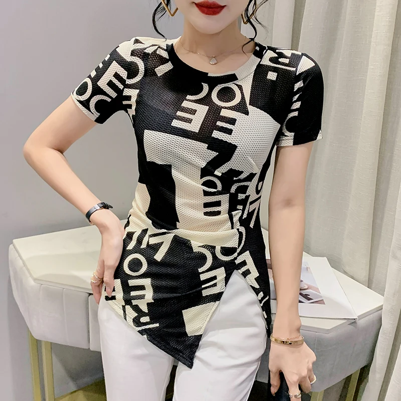 

Black Summer Korean Style T-Shirt Chic Sexy O-Neck Print Letter Houndstooth Women's Short Sleeve Tops Irregular Tees New 43285