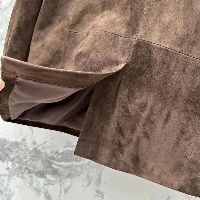 Echte leren jas 2025 Nieuwe mode damesjas voorjaar en herfst Suède leren pakstijl Dubbele rij knopen