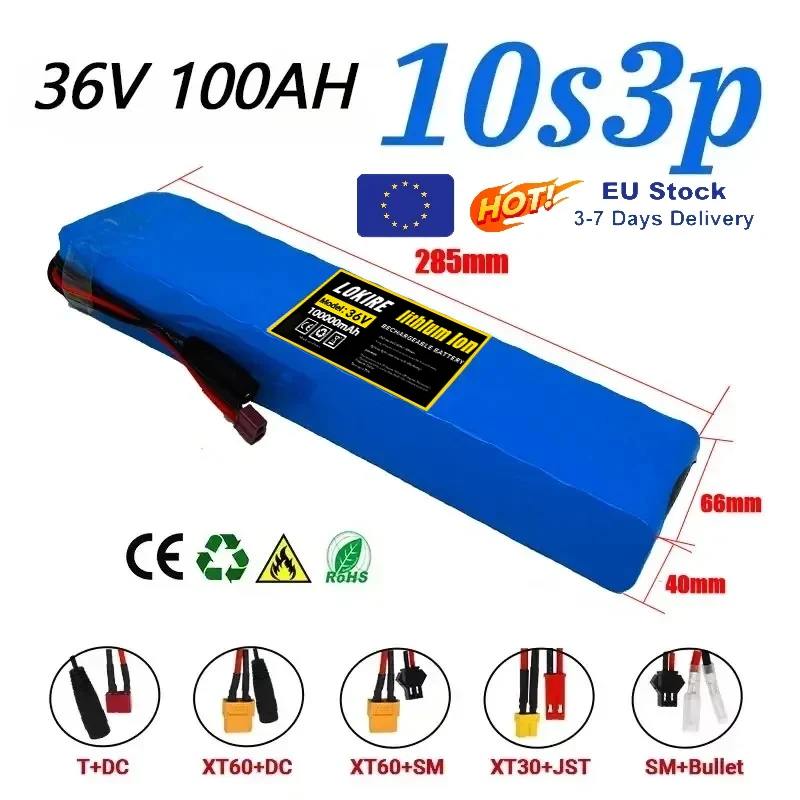 Batterie au lithium rechargeable 36V 100Ah, pack de batteries 18650 10S3P 1000W, puissance modifiée, batterie de scooter électrique 36V avec BMS, SYP XT60 JST