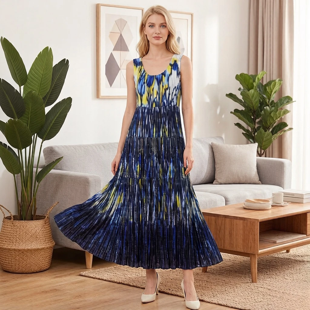 

Miyake Pleated 2026 Spring/Summer New Arrival Gradient Blue-Yellow Dress Women's Pleated Skirt Design Gradient Print Dress Pleat