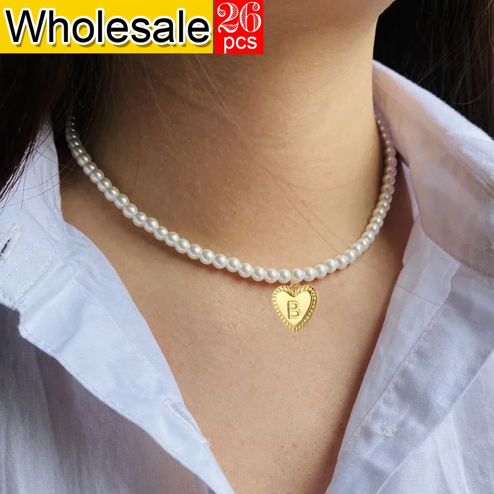 26PCS Initial Name Pendant Necklace Women's Simulated Pearl Necklace Retro Pearl Fashion Women's Choke Ring Jewelry Wholesale