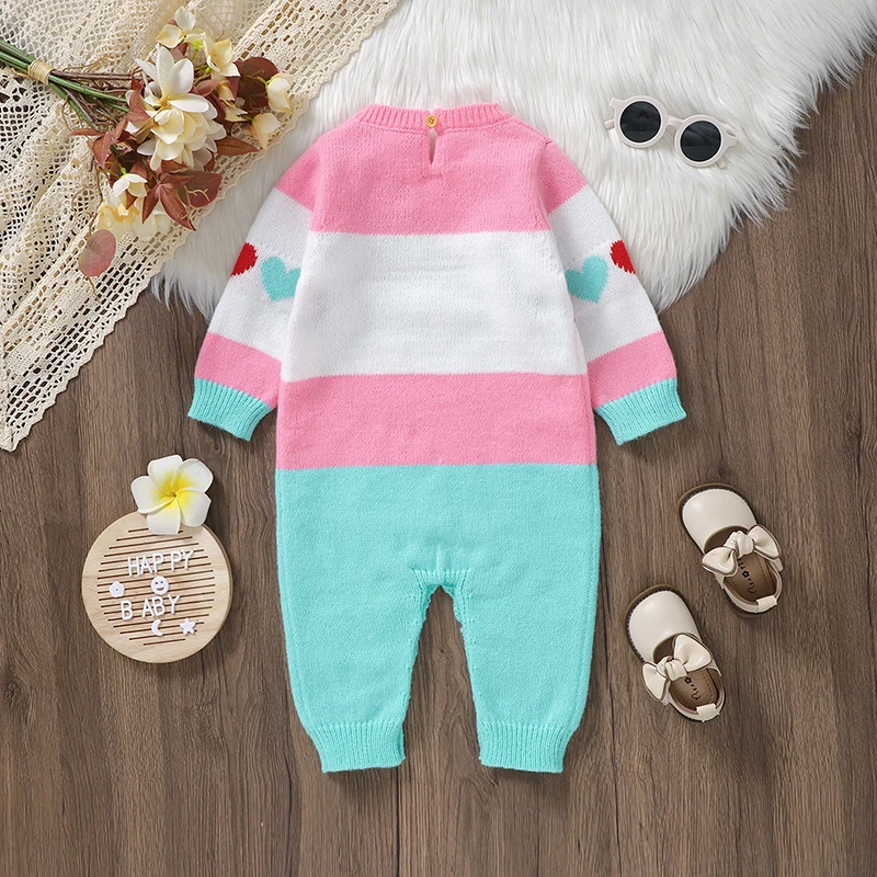 Newborn Baby Rompers Knit Infant Girl Jumpsuit Long Sleeve Autumn Toddler Kid Clothes Fashion Striped Loving 0-18M Overalls Warm