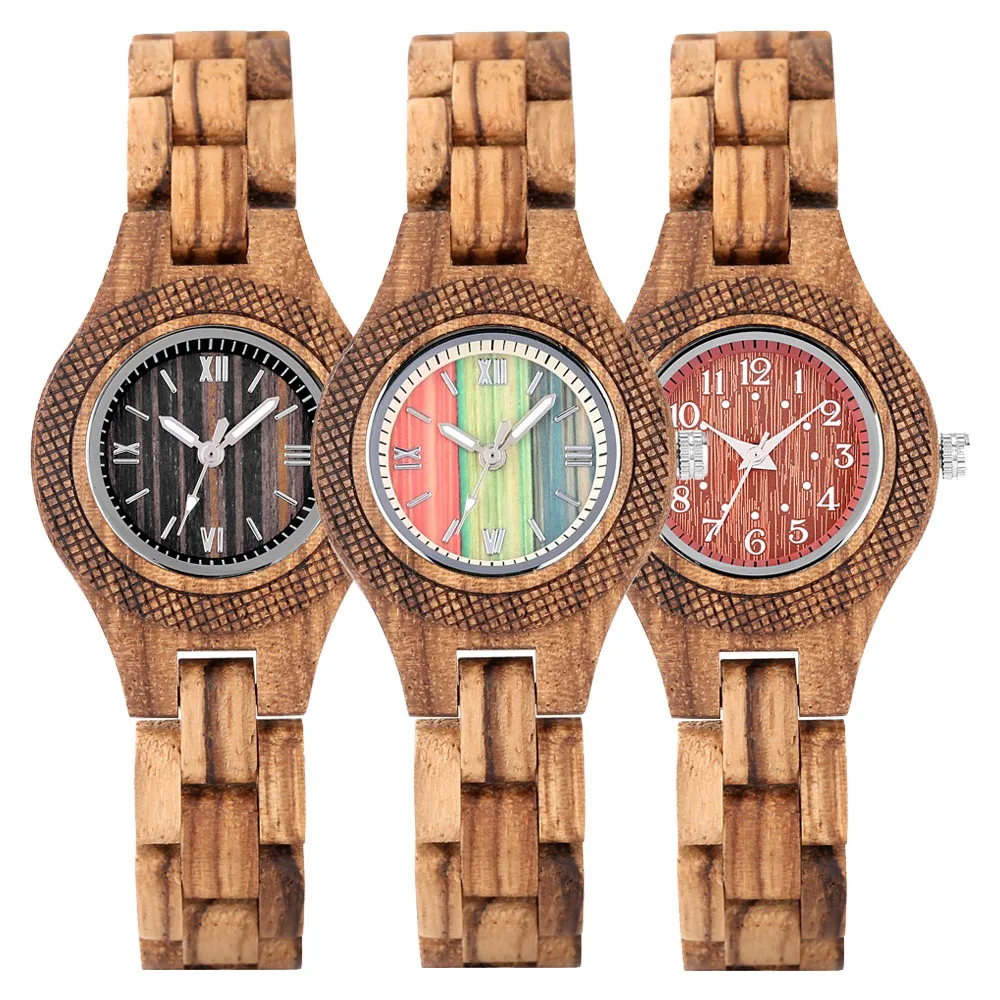 Trendy Tiny Round Dial Quartz Watch for Women Vintage Zebrawood Band Bracelet Ladies Wristwatch Exquisite Female Timepiece Gifts