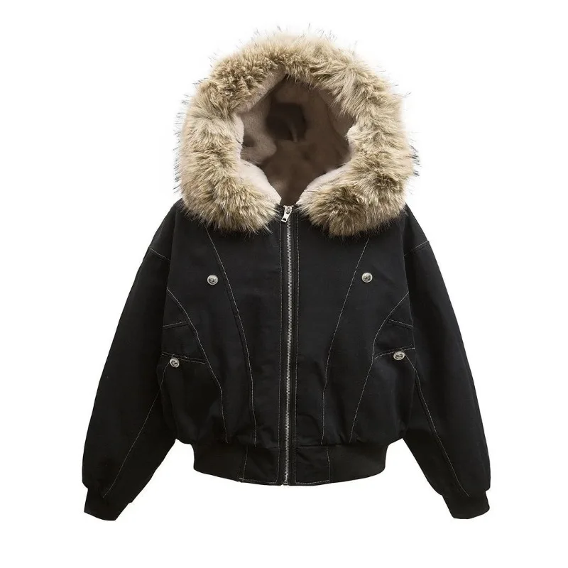 Y2K New American Cleanfit Fur Collar Imitation Mink Fur Hooded Cotton-padded Jacket Men Gothic Retro Hip-hop Short Tooling Coat