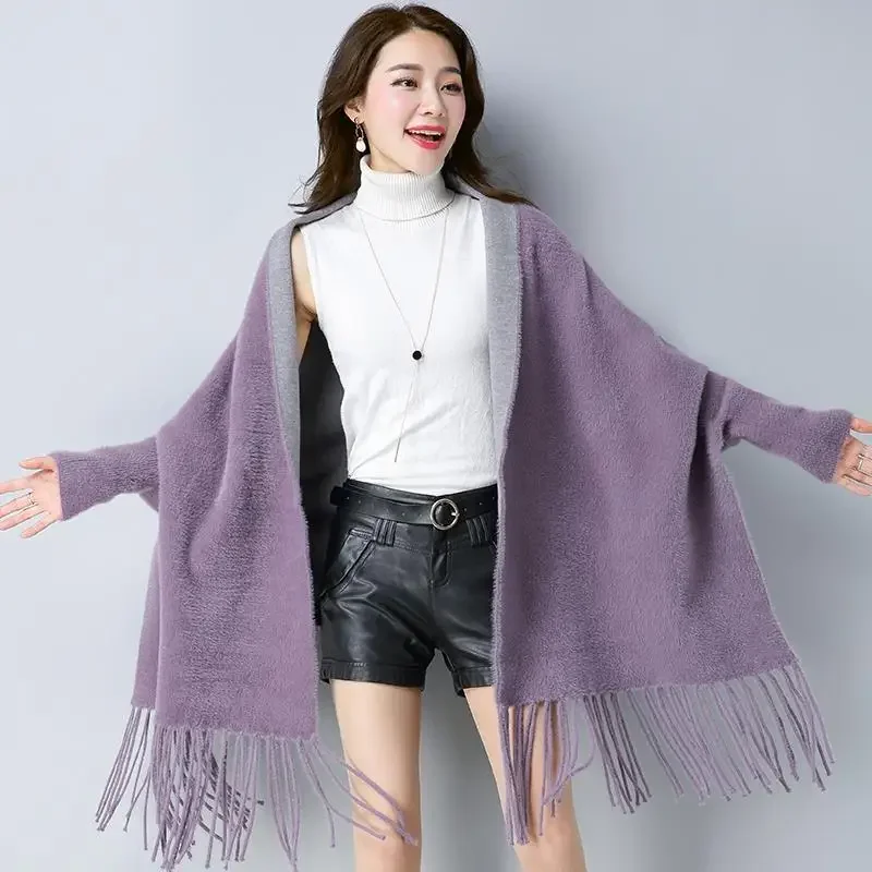 2024 Black Plus Size Outwear Winter Knitted Poncho Women Solid Design Cloak Female Long Batwing Sleeves Coat Vintage Shawl Q366