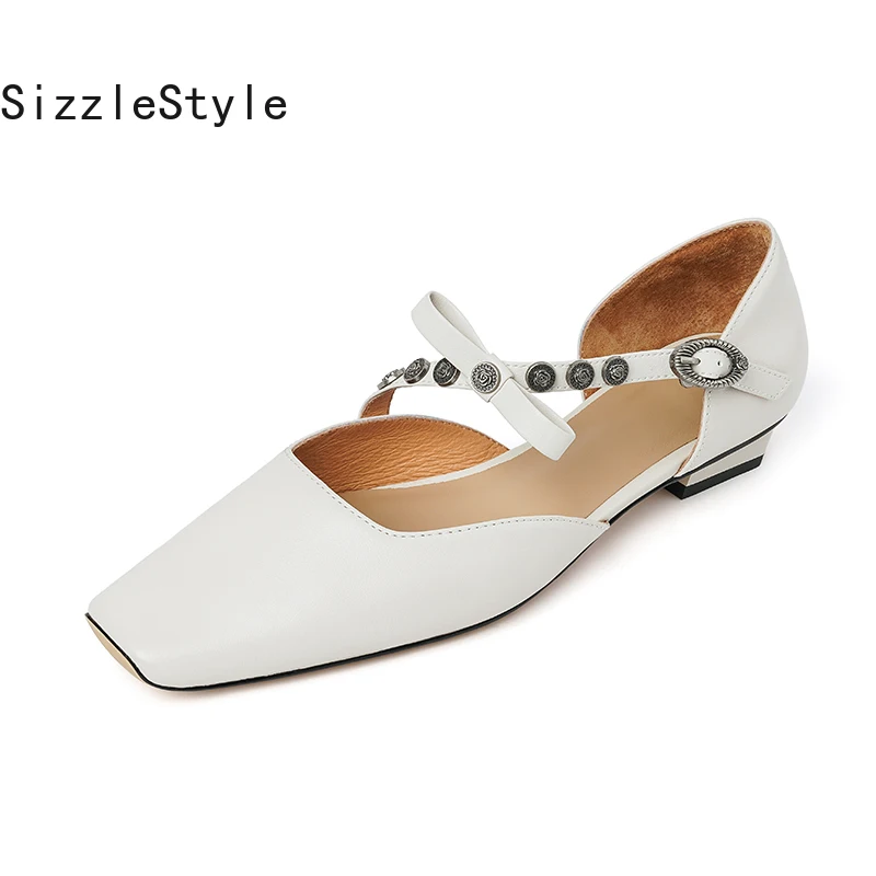 

Women's genuine leather square toe thick heel shoes 3cm thick heel single buckle bow rivet hollow black beige