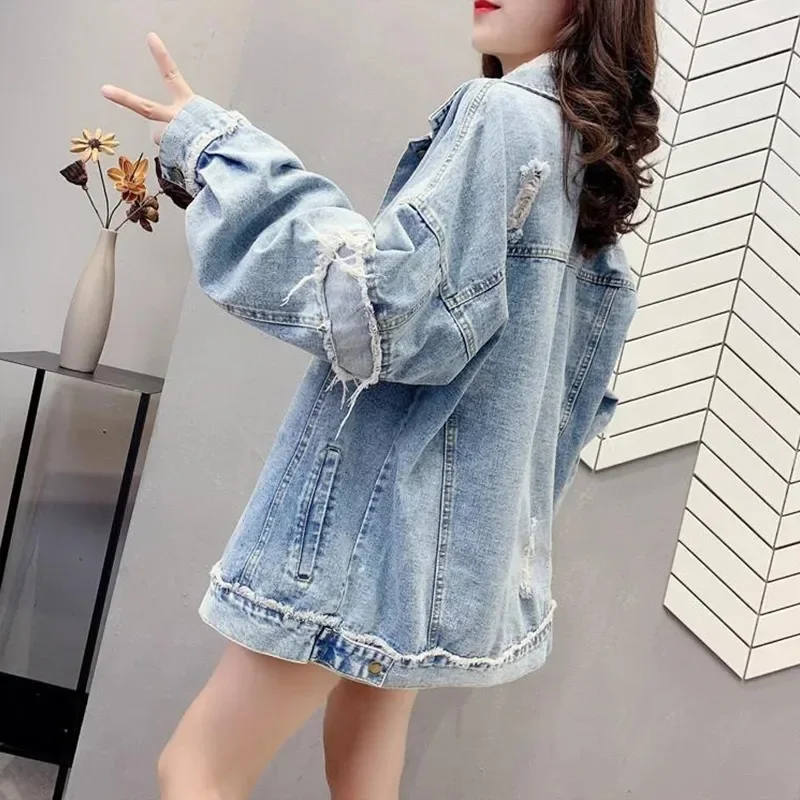 Fall Denim Wash Frayedcoat Women Long Slleve Jean Jasje 2023 Nieuwe Bf-Stijl Casual Losse Spijkerjassen Soild Oversized Bovenkleding